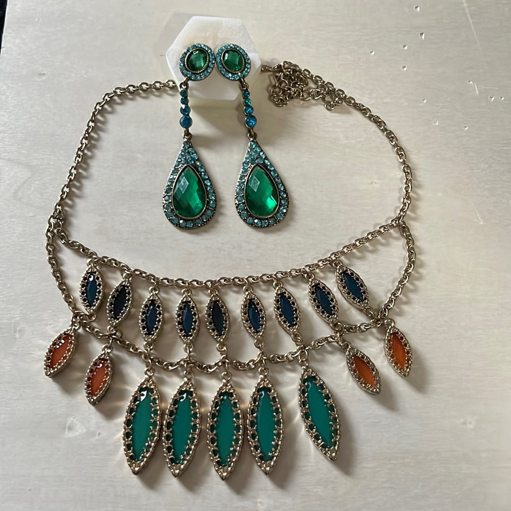 Gold Chain with Teal, Orange, Blue and Green Jewels. Necklace and Earring Bundle